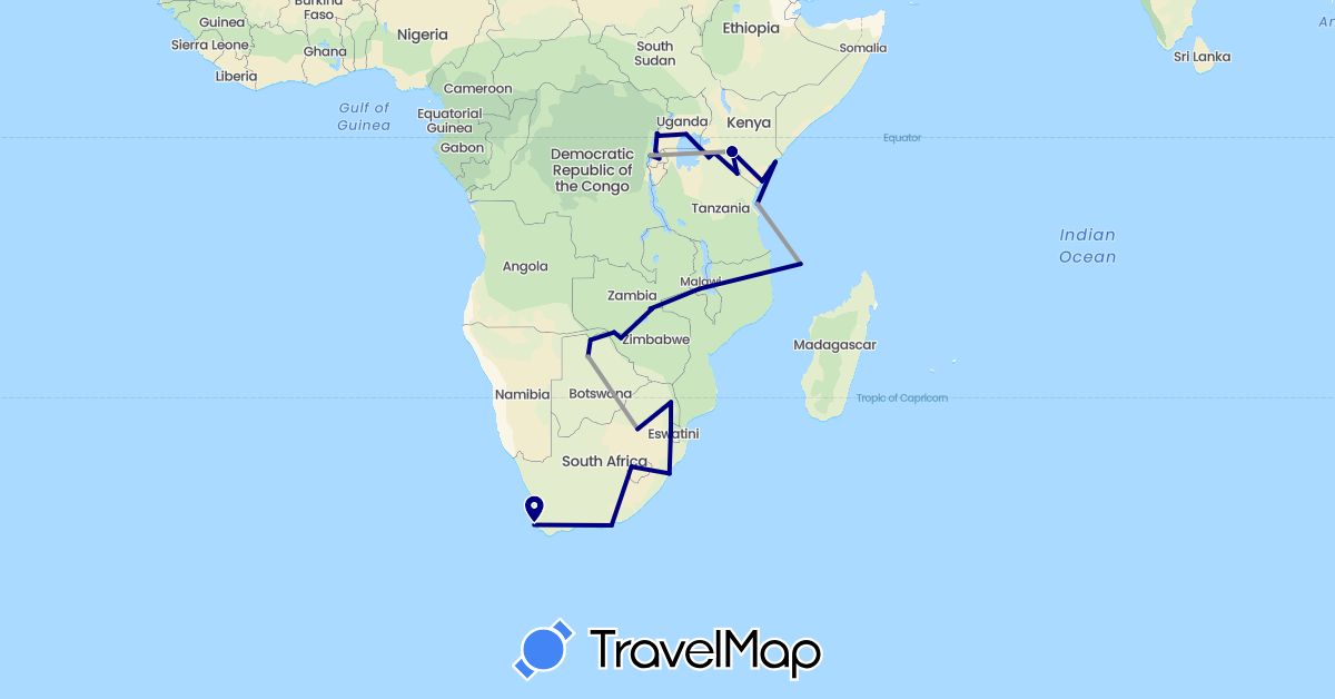 TravelMap itinerary: driving, plane in Botswana, Democratic Republic of the Congo, Kenya, Comoros, Lesotho, Malawi, Rwanda, Swaziland, Tanzania, Uganda, South Africa, Zambia, Zimbabwe (Africa)